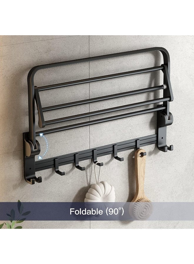 واي آند دي رف مناشف قابل للطي بطول 60 سم مع قضيب مناشف، رف مناشف مثبت على الحائط، أسود غير لامع، مقاوم للصدأ، قابل للحفر، مع خمسة خطافات متحركة، لتخزين الحمام. - Image 3